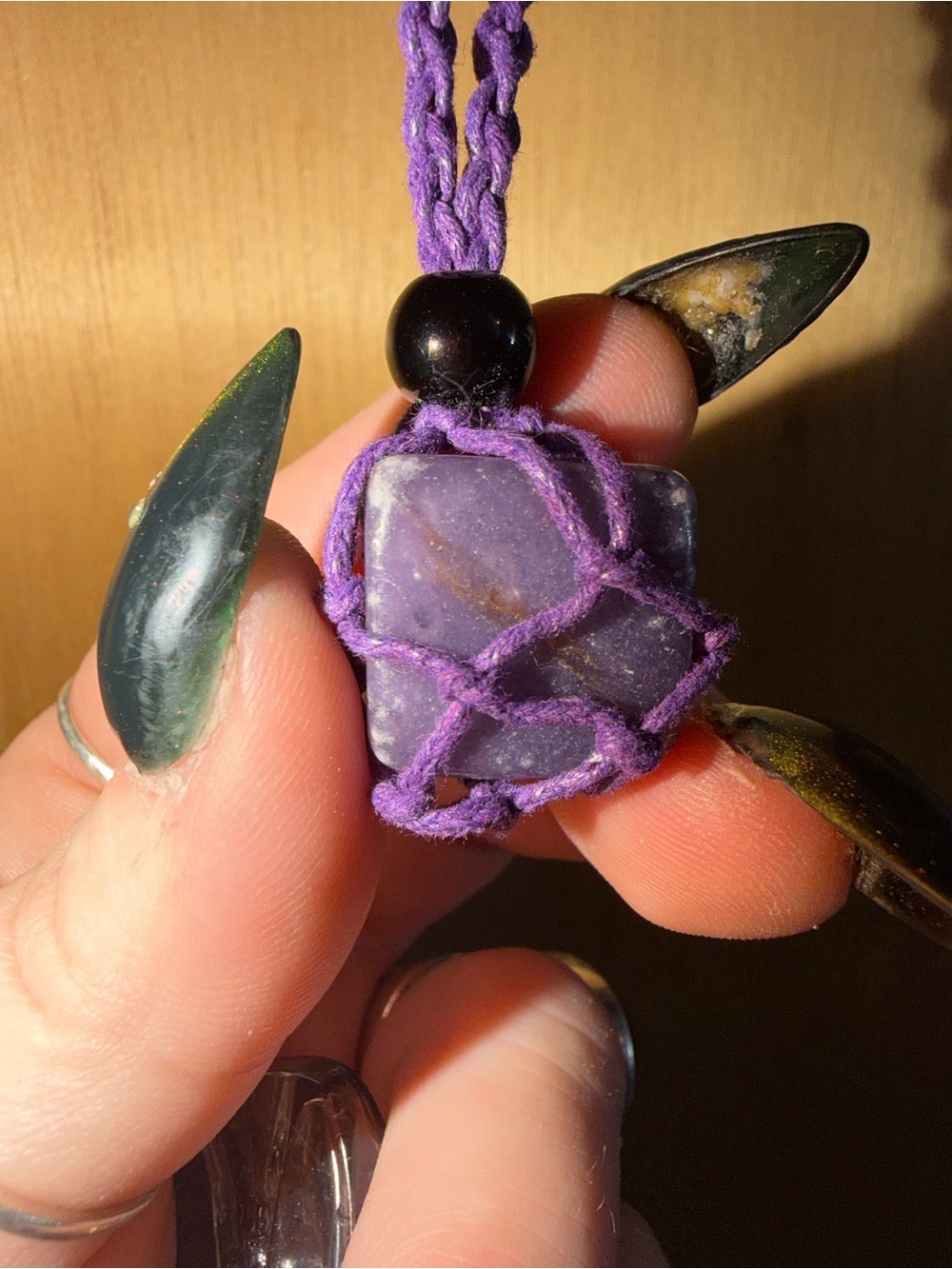 Purple Stone Pendant Necklace with Purple Cord macrame adjustable